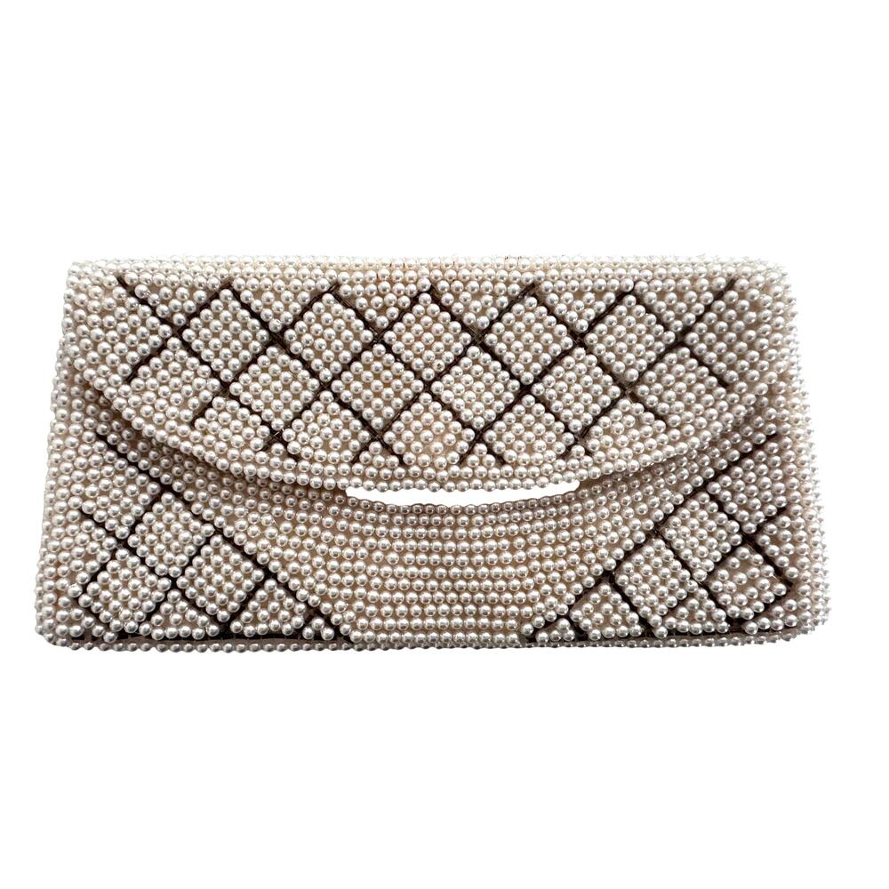 Vintage Pearl Beaded Clutch Purse Ivory White Evening Bag Bridal Wedding